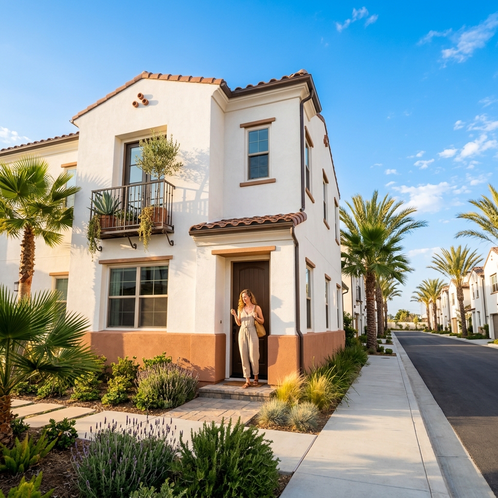 New homeowner holding key at SoCal new construction townhome doorstep