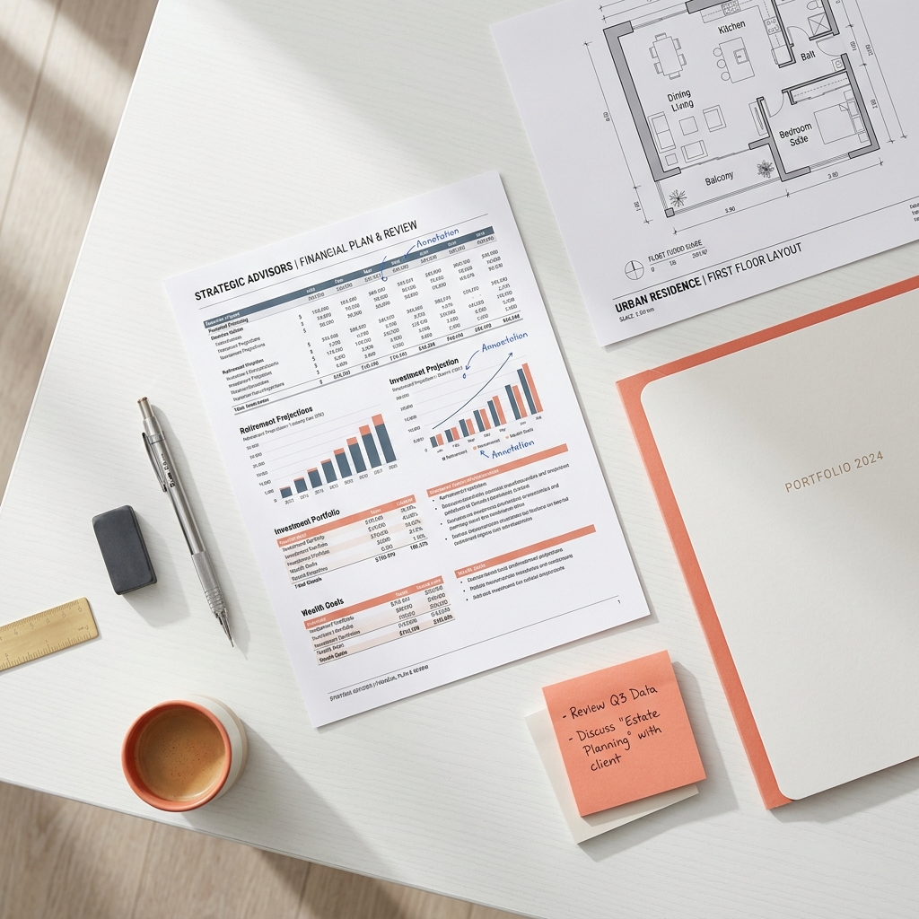 Overhead view of financial planning documents and home floor plan