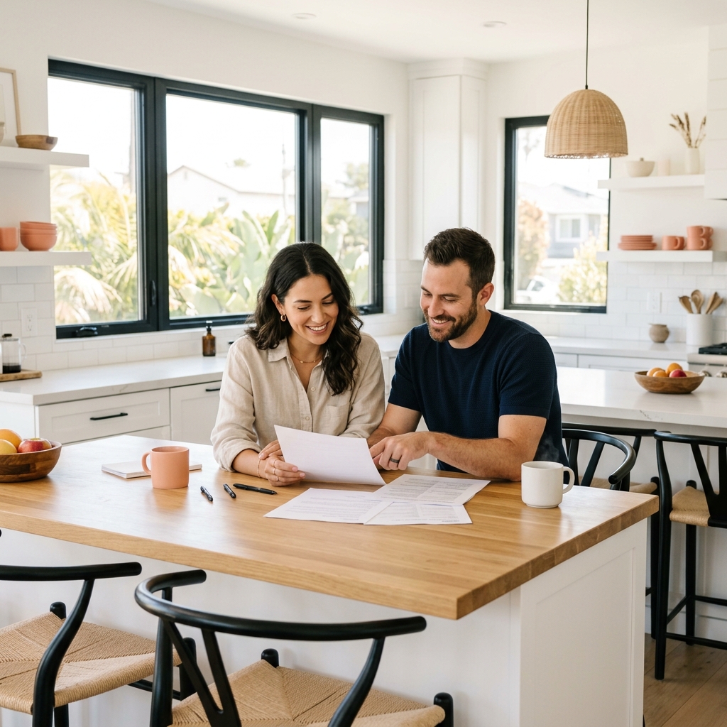 Couple reviewing closing documents together at new home kitchen