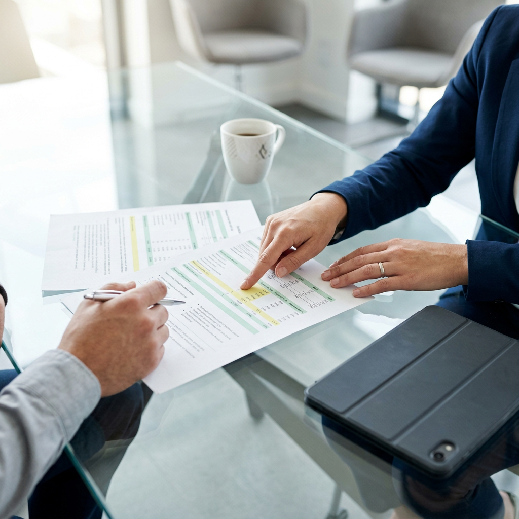 Hands reviewing closing documents and financial details