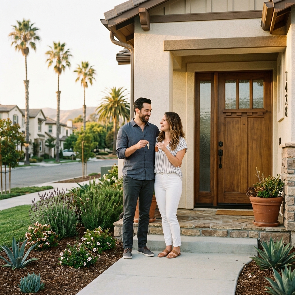 New homeowners holding key at front door at sunset