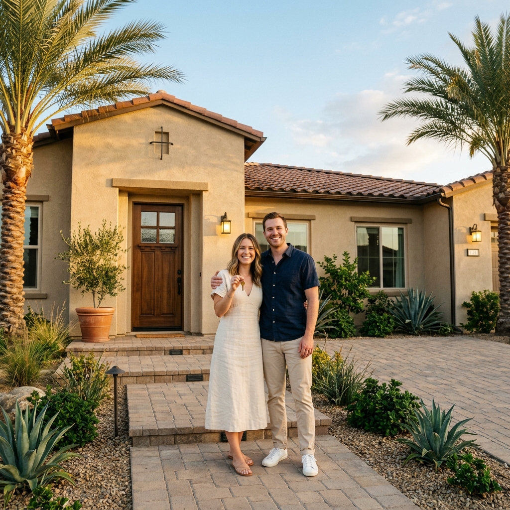 Couple holding key on doorstep of new SoCal home at golden hour