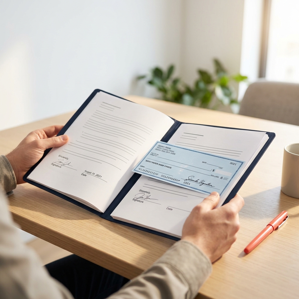 Hands holding closing documents and check in bright office