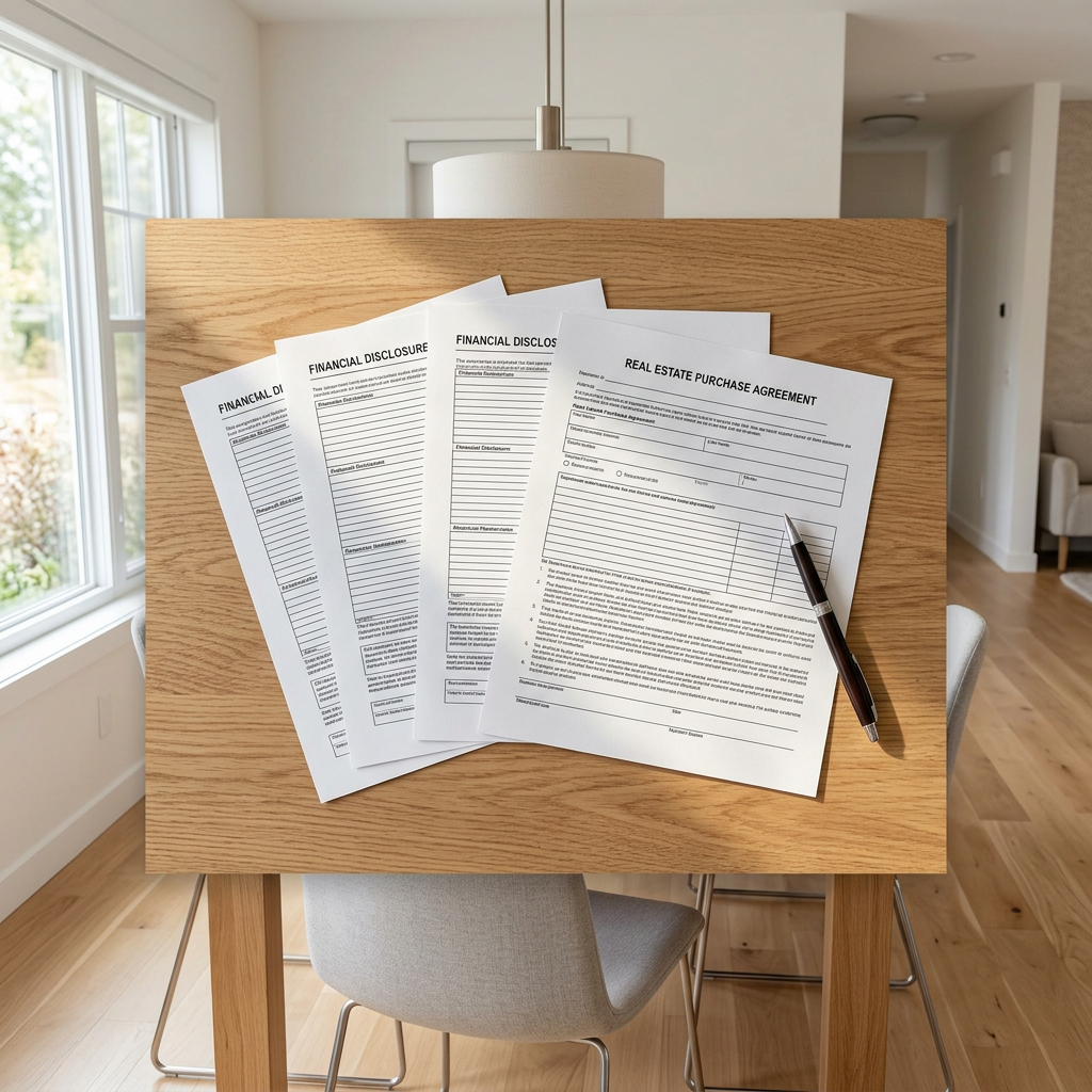 Purchase agreement documents on table in new home