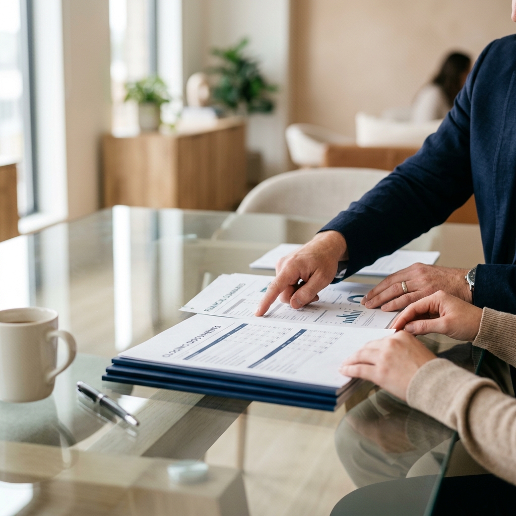 Hands reviewing closing cost documents at modern table