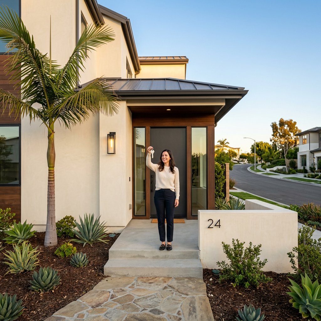 New homeowner holding key on front porch at golden hour