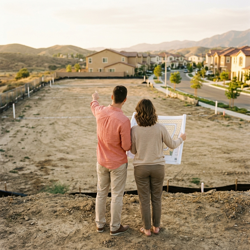 Young couple evaluating lot position in new construction community