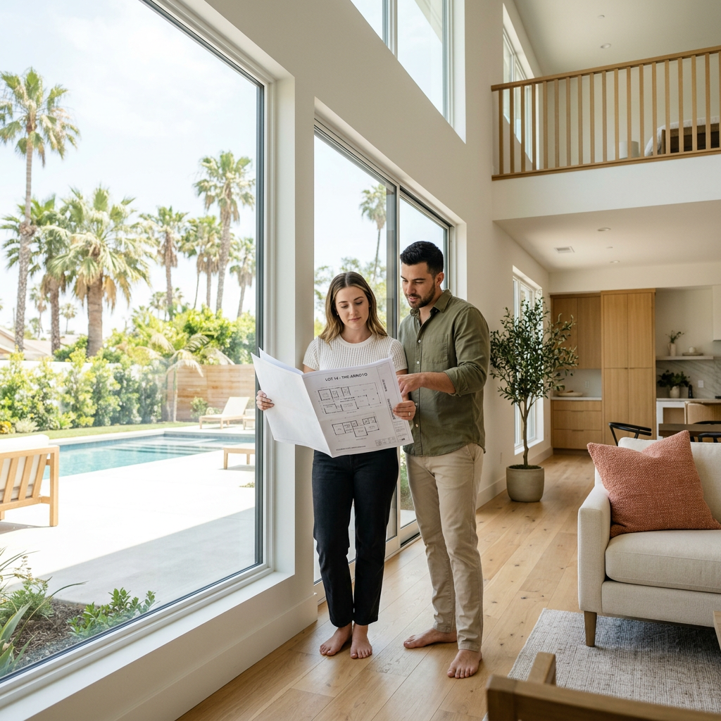 Young couple reviewing home floor plans inside bright new construction interior