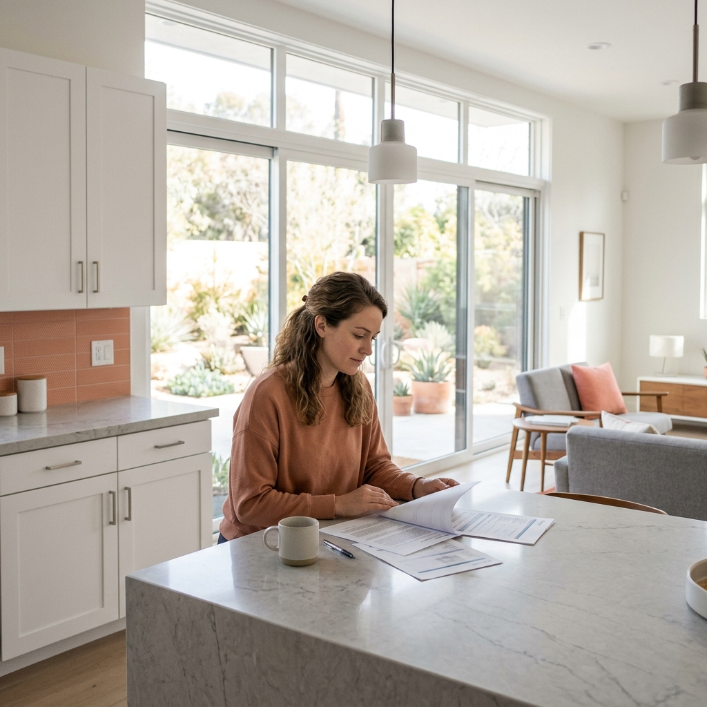 Woman calmly reviewing new construction purchase documents at kitchen island
