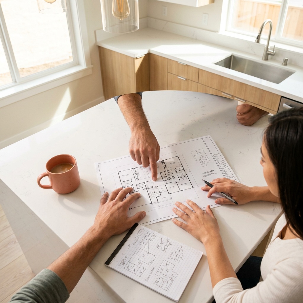 Couple reviewing new construction floor plan documents at kitchen island