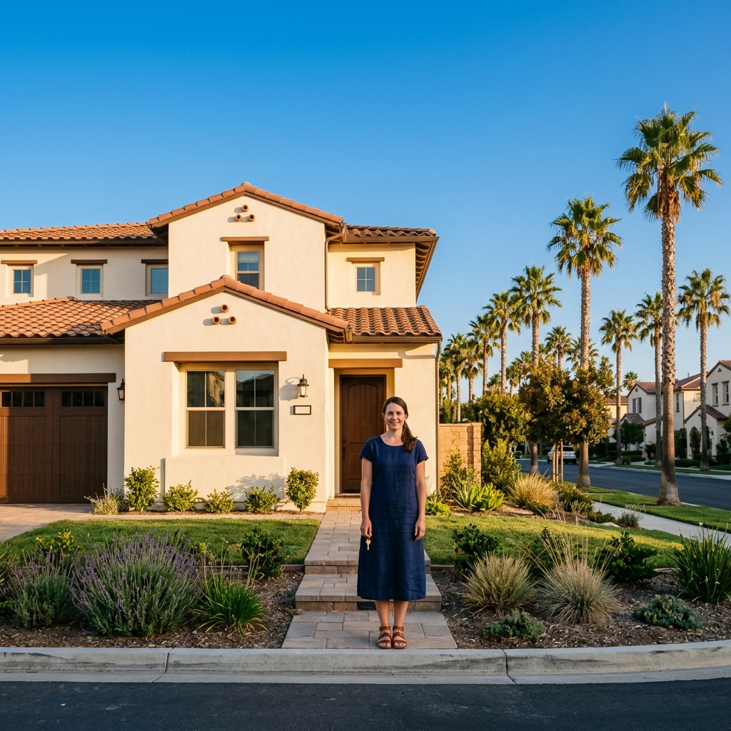 Woman holding house key outside new SoCal stucco home