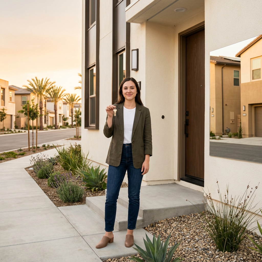 New homeowner holding keys on front doorstep at sunset