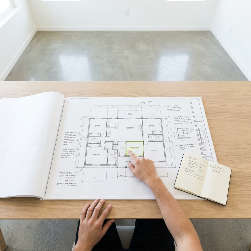 Hands reviewing new construction floor plan documents indoors
