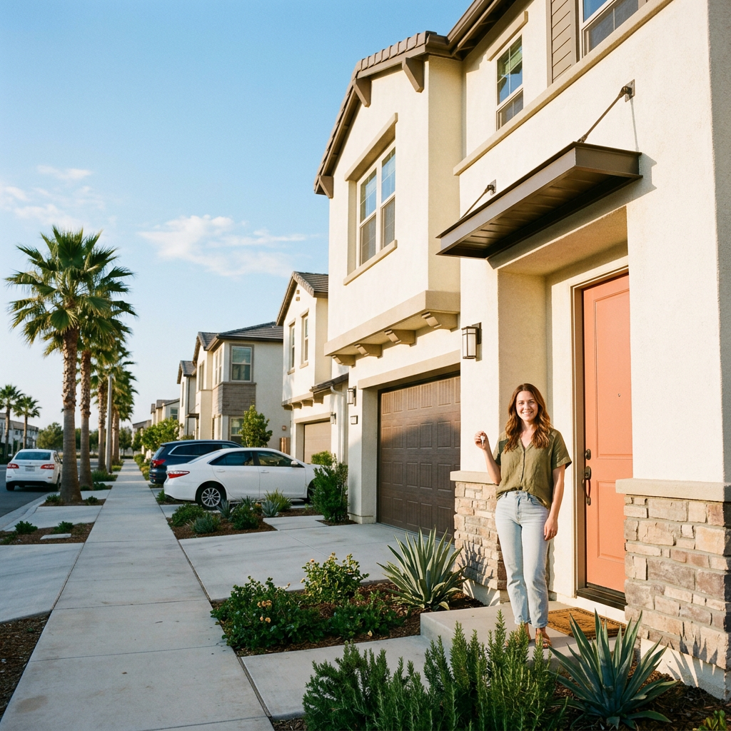 Woman holding house key on doorstep of new SoCal home