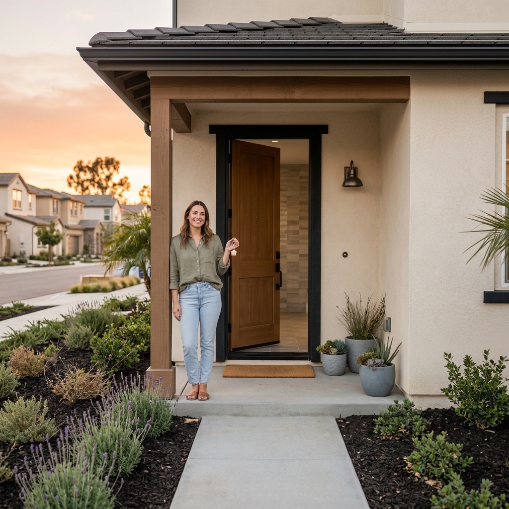 Homeowner holding keys on new construction doorstep