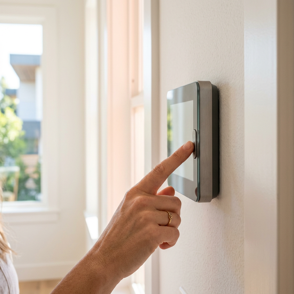 Hand adjusting smart thermostat in new construction home