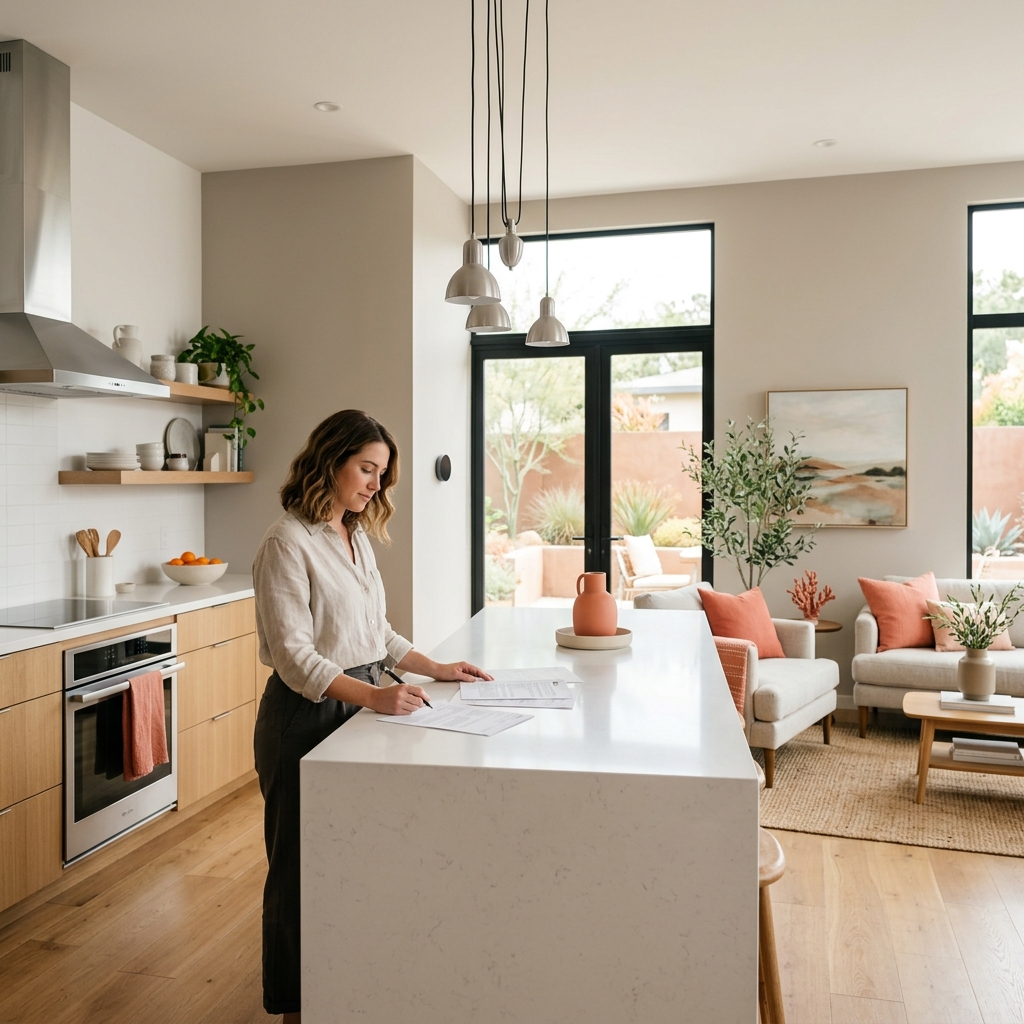 Woman reviewing home documents in modern new construction kitchen