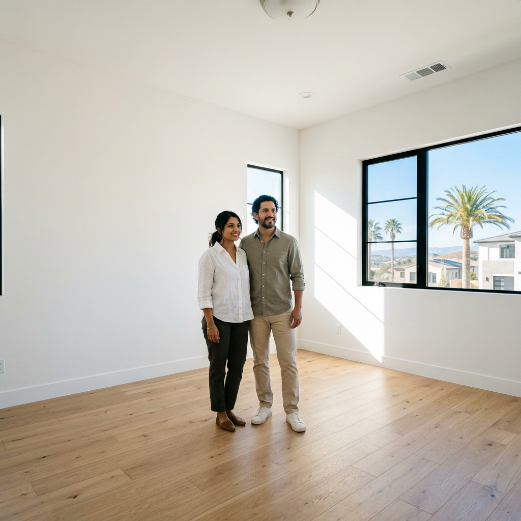 Couple evaluating empty sunlit bedroom in new construction home