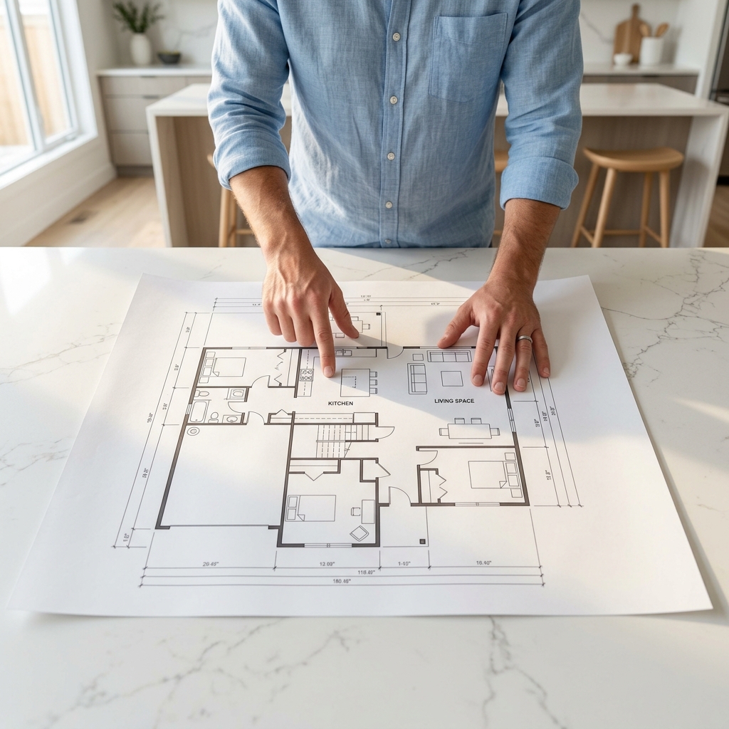Hands pointing at printed floor plan on kitchen island