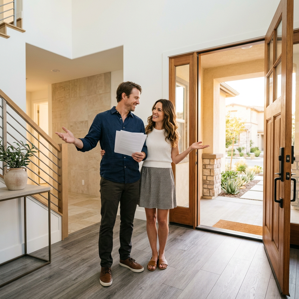 Couple reviewing walkthrough documents in new home entry