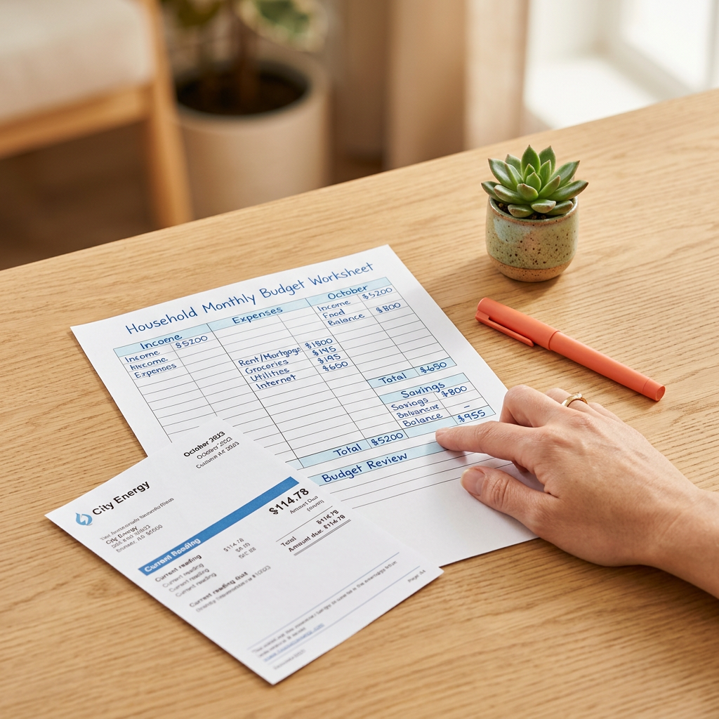 Hands reviewing home budget and utility bills on clean desk
