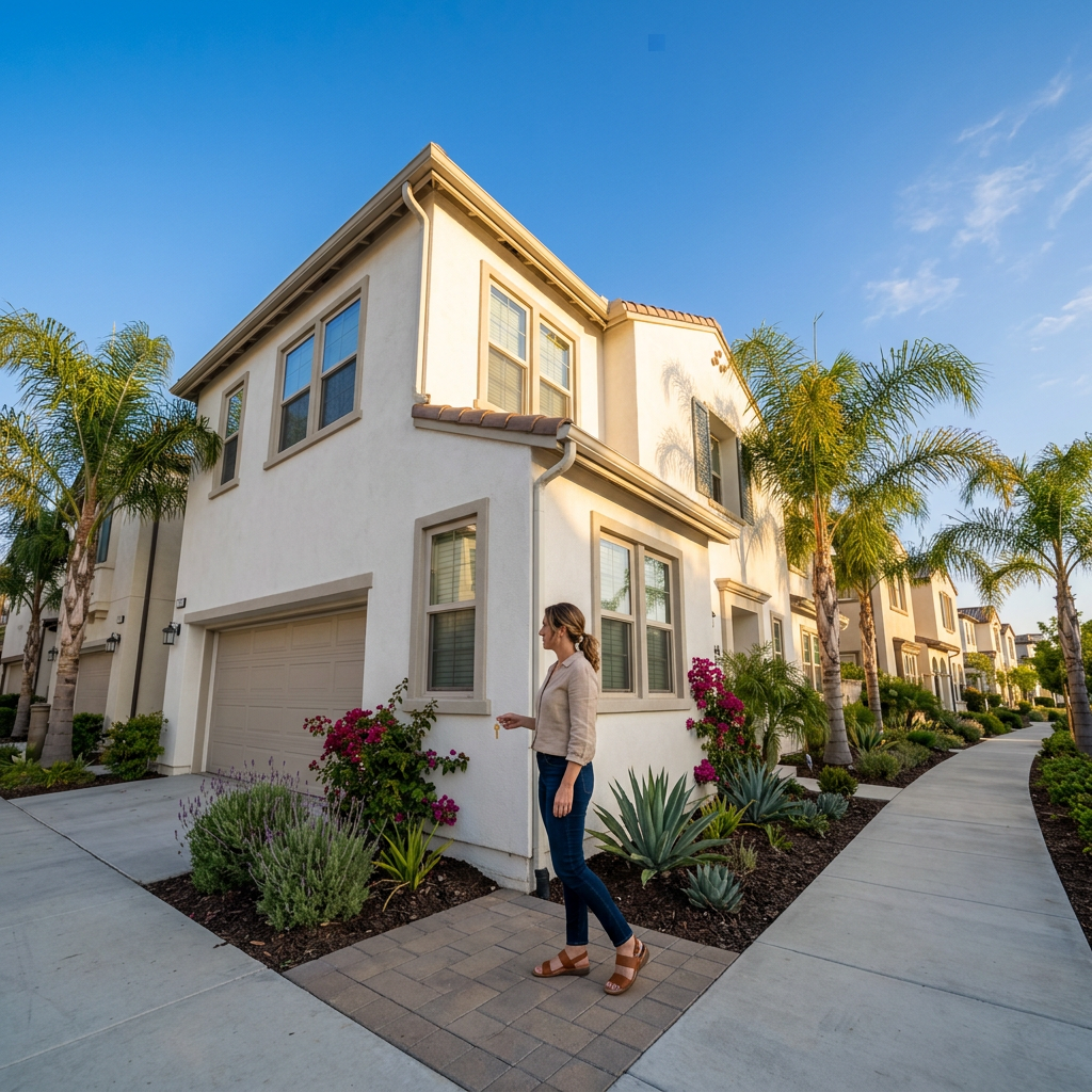 Woman holding house key at doorstep of new SoCal townhome