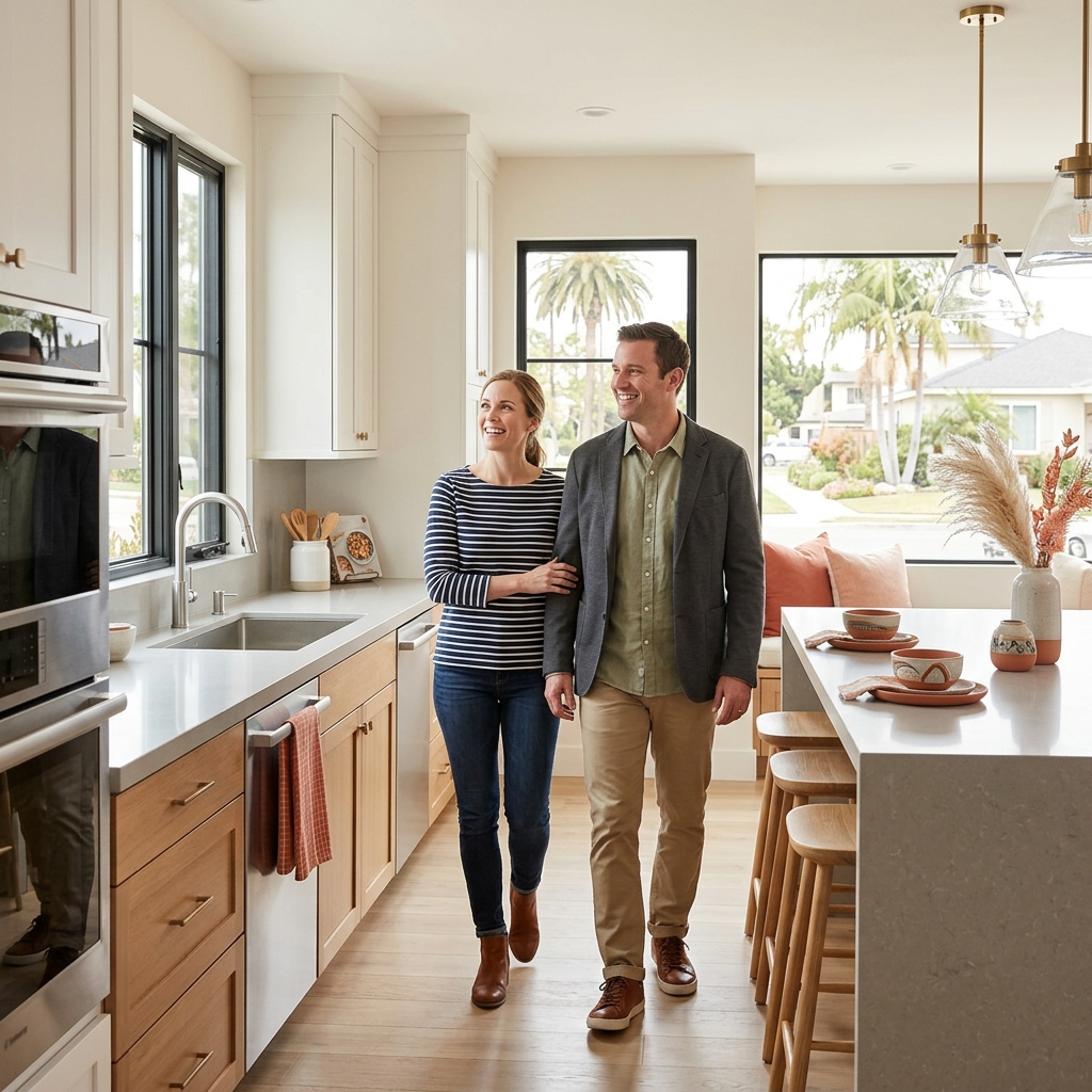 Couple exploring modern kitchen in new construction model home