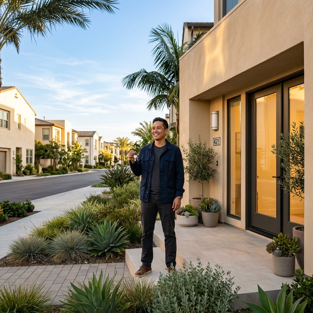 New homeowner holding keys on doorstep at golden hour