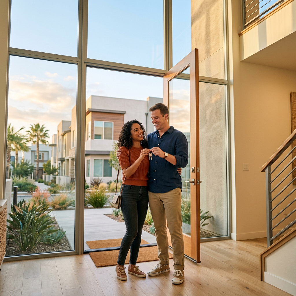 Couple holding keys at entrance of new construction home