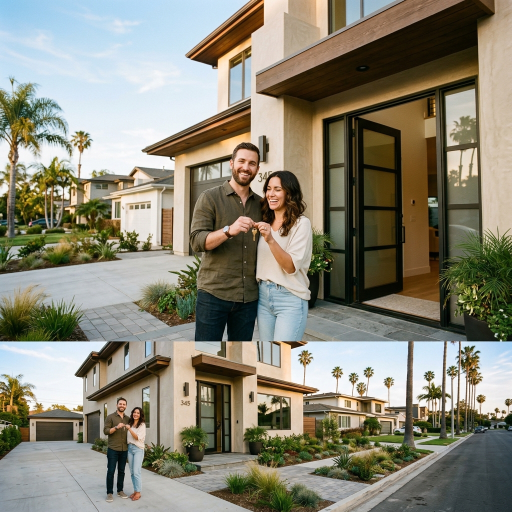 Couple holding keys at newly built home entry at sunset