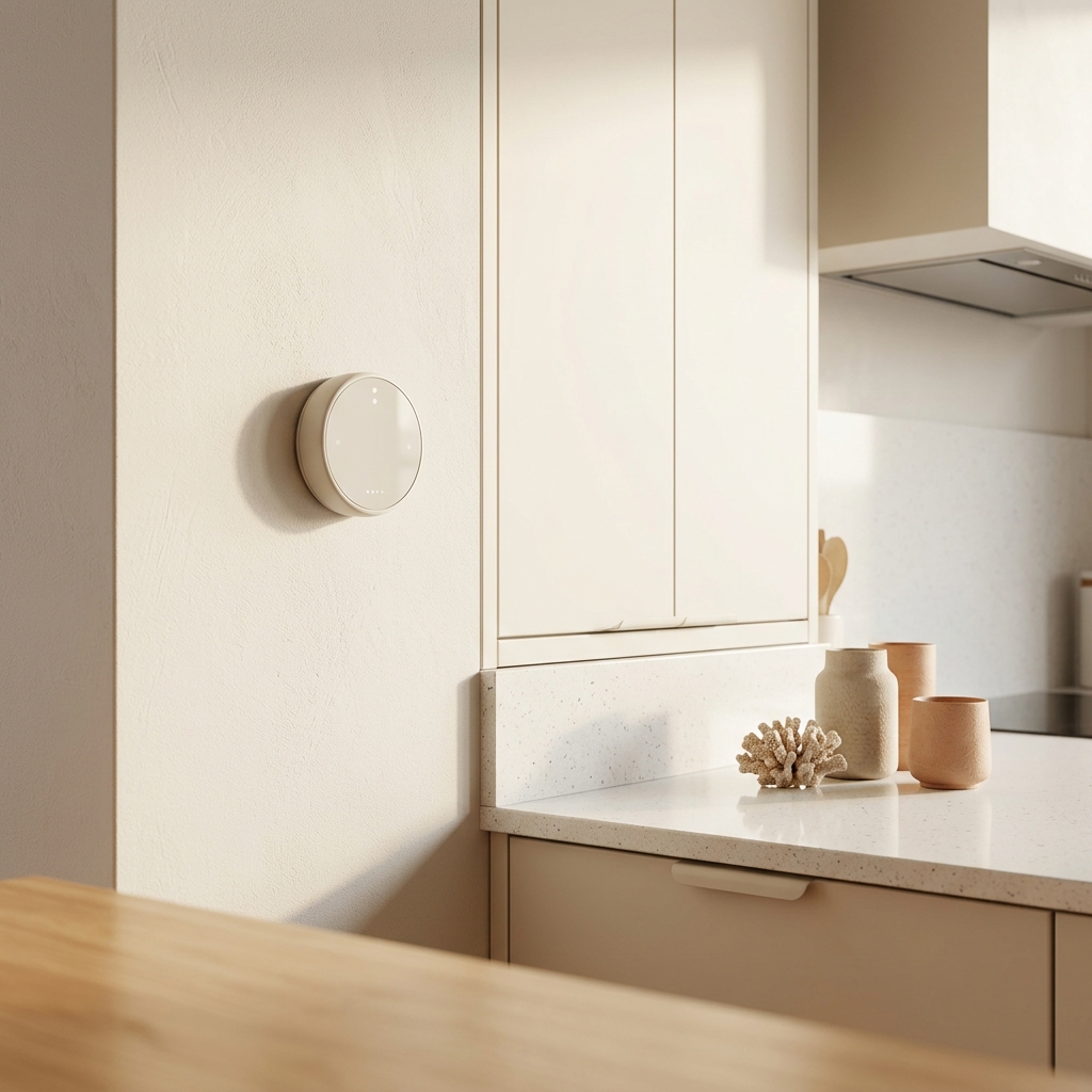 Smart thermostat on white wall in new construction kitchen interior