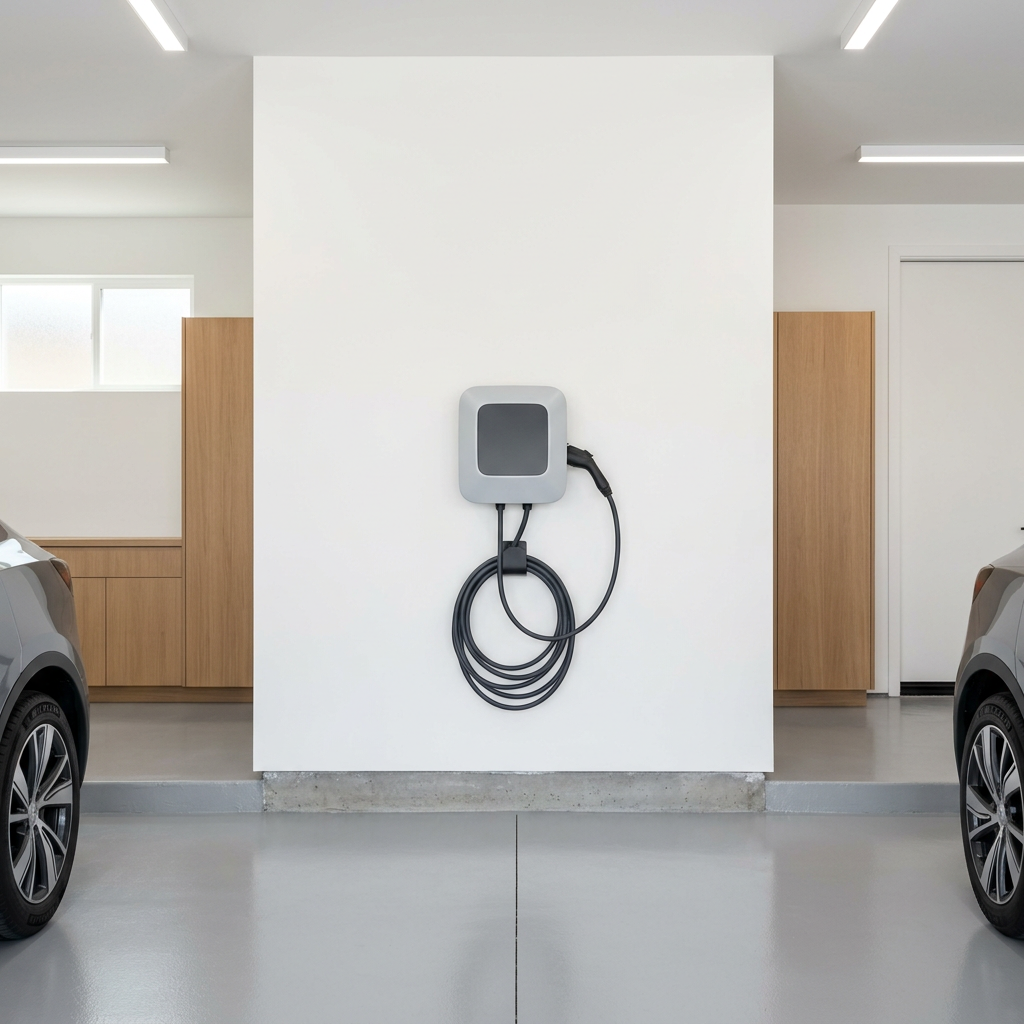 Wall mounted EV charger inside clean new construction garage