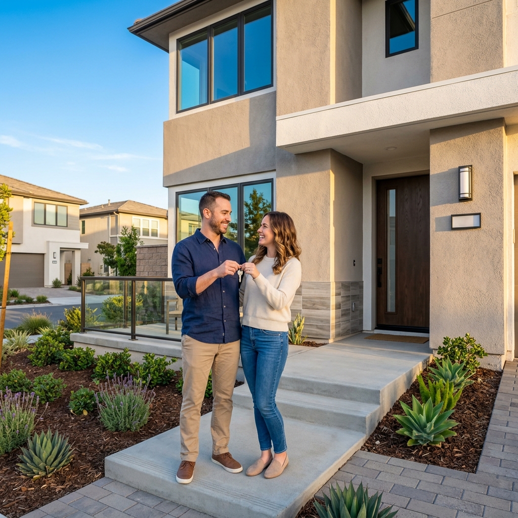 New homeowners holding key on porch of completed construction home