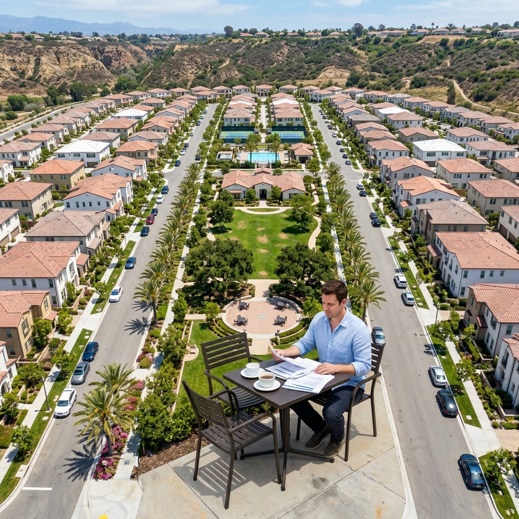 Man reviewing paperwork in sunny new construction community