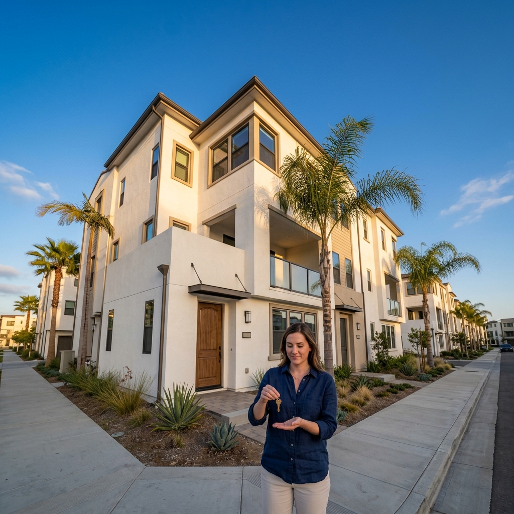 Woman holding house key at new SoCal home doorstep