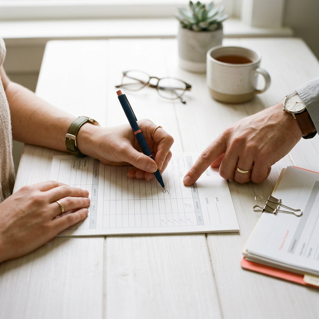 Hands reviewing financial worksheet calculating home buyer savings