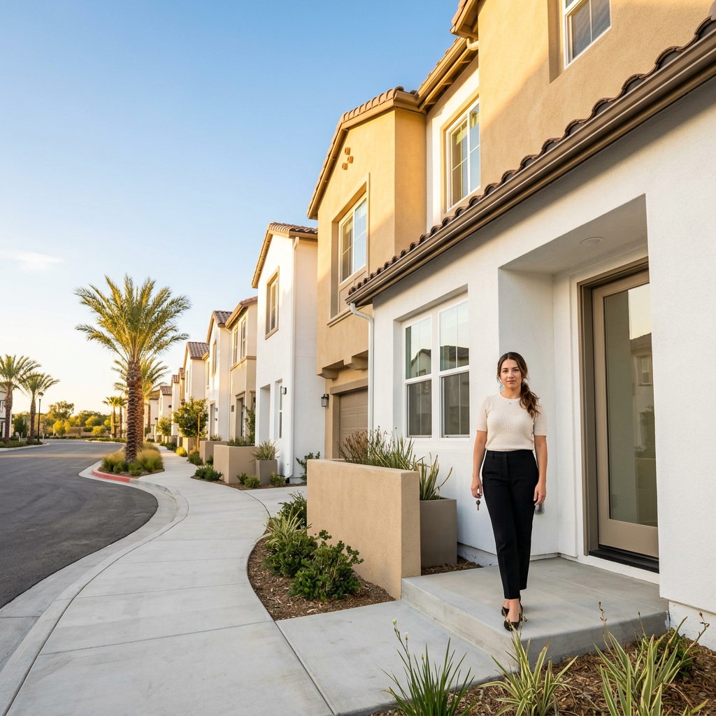 Woman holding house key outside new SoCal townhome at golden hour