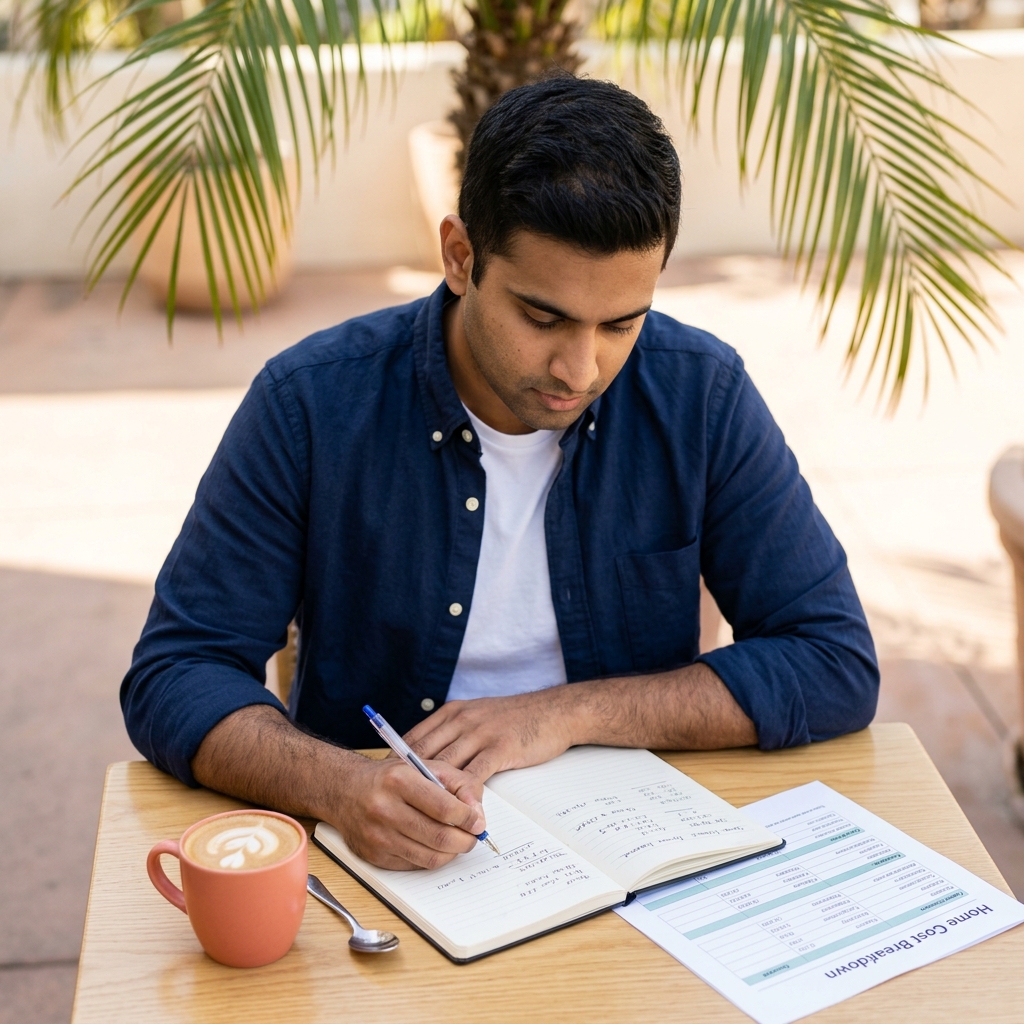Man calculating home purchase savings at outdoor cafe table