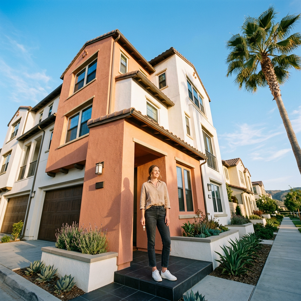 Woman holding house key on doorstep of new SoCal home