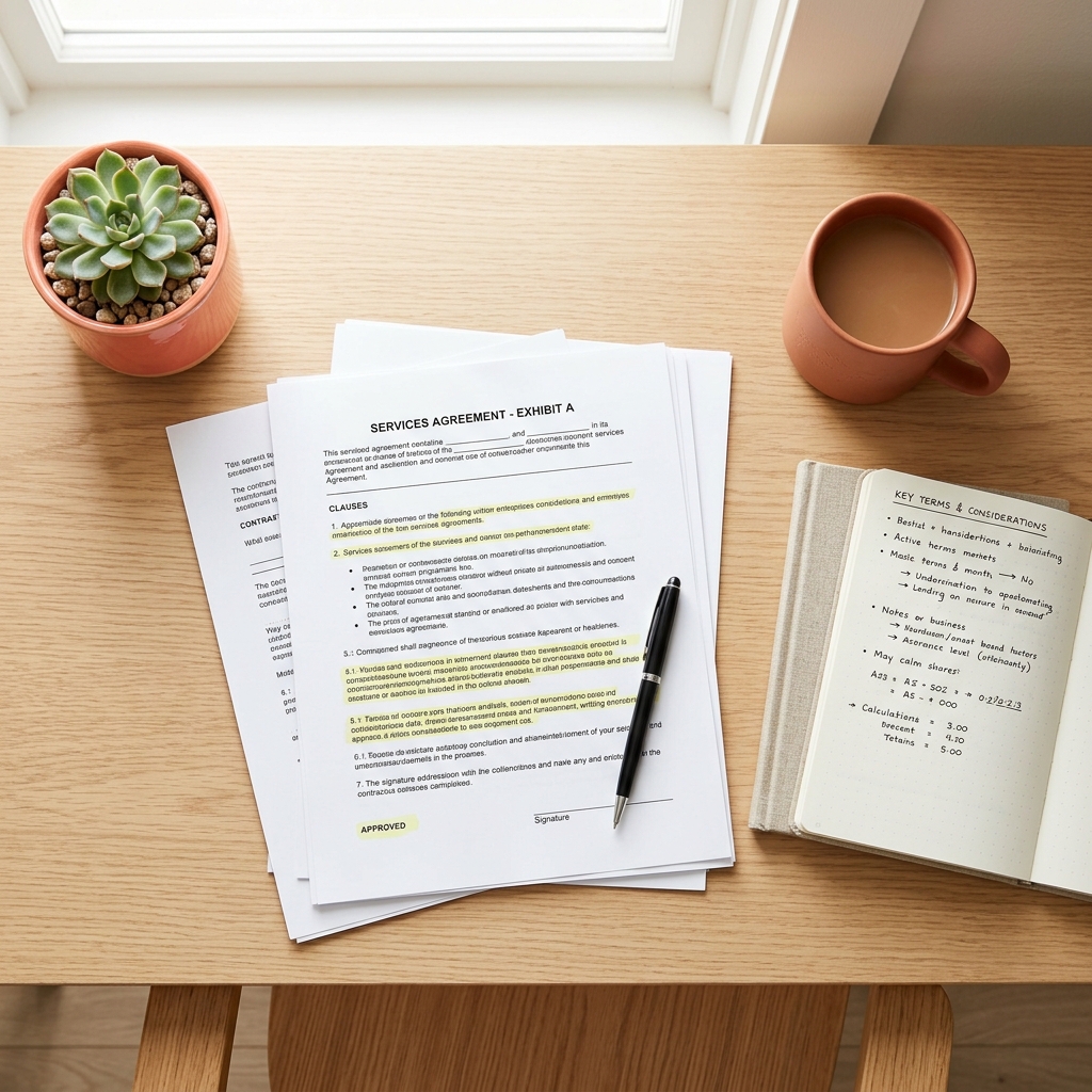 Overhead view of organized home buying contract documents on desk
