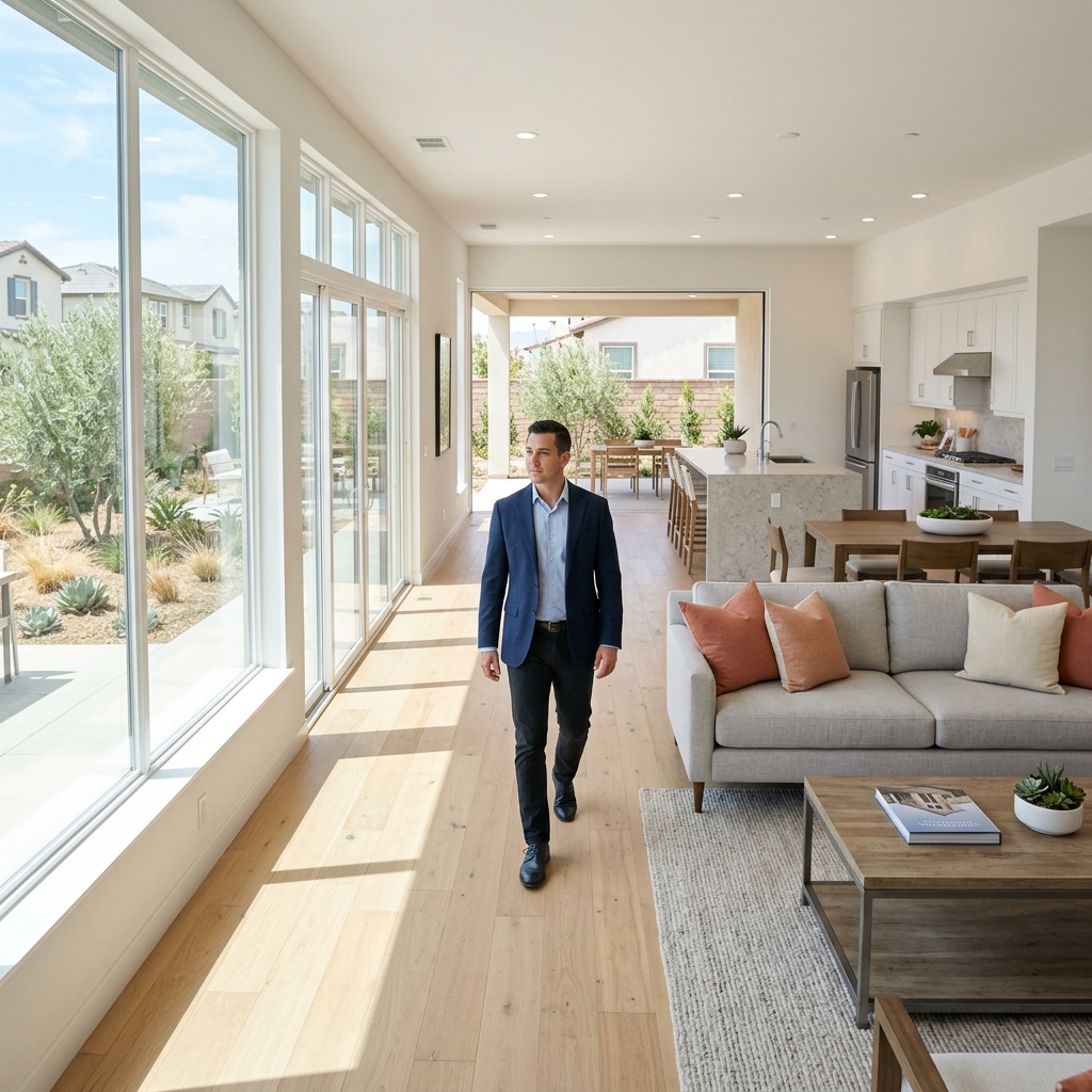 Man walking through bright Southern California model home interior