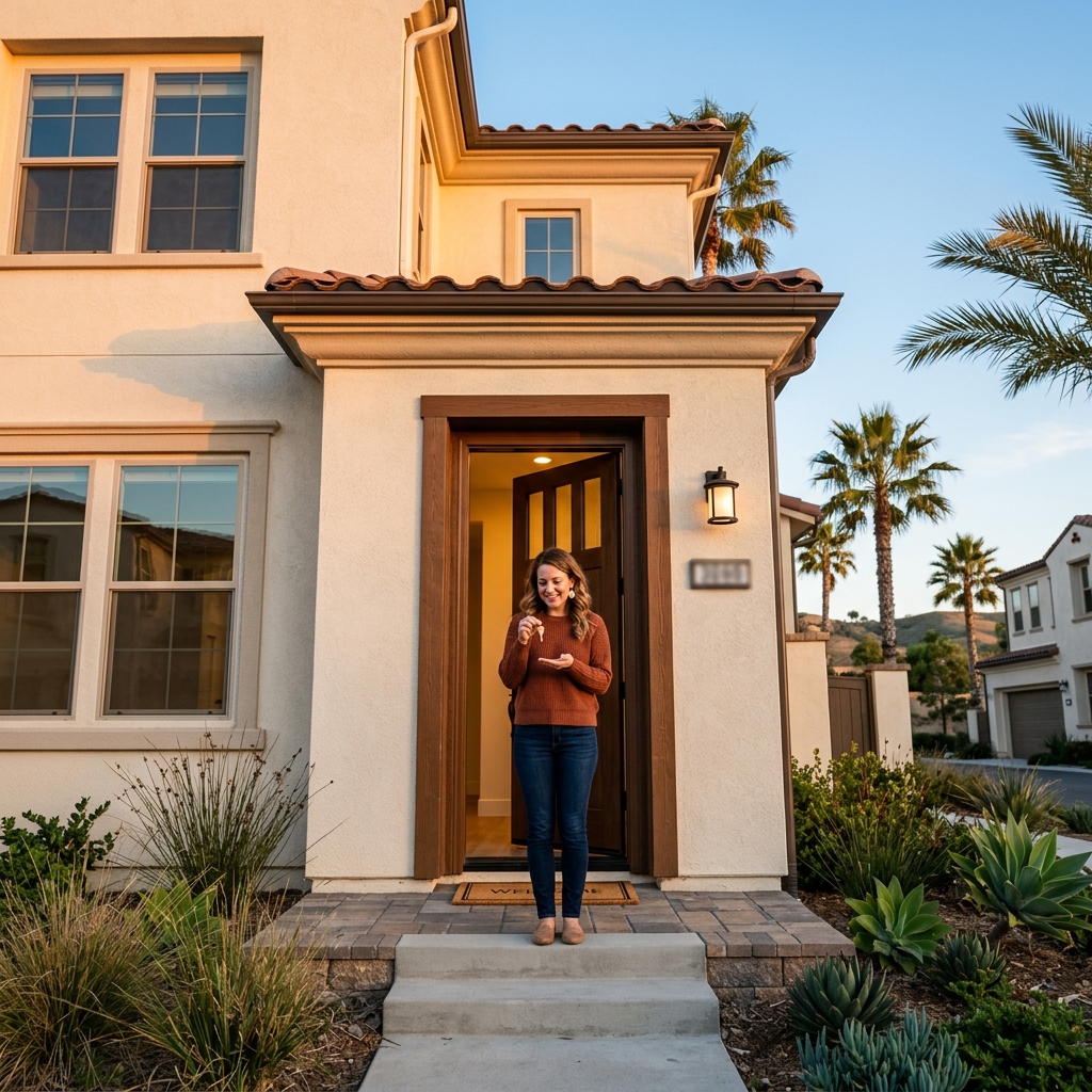Woman holding house key on new construction home doorstep