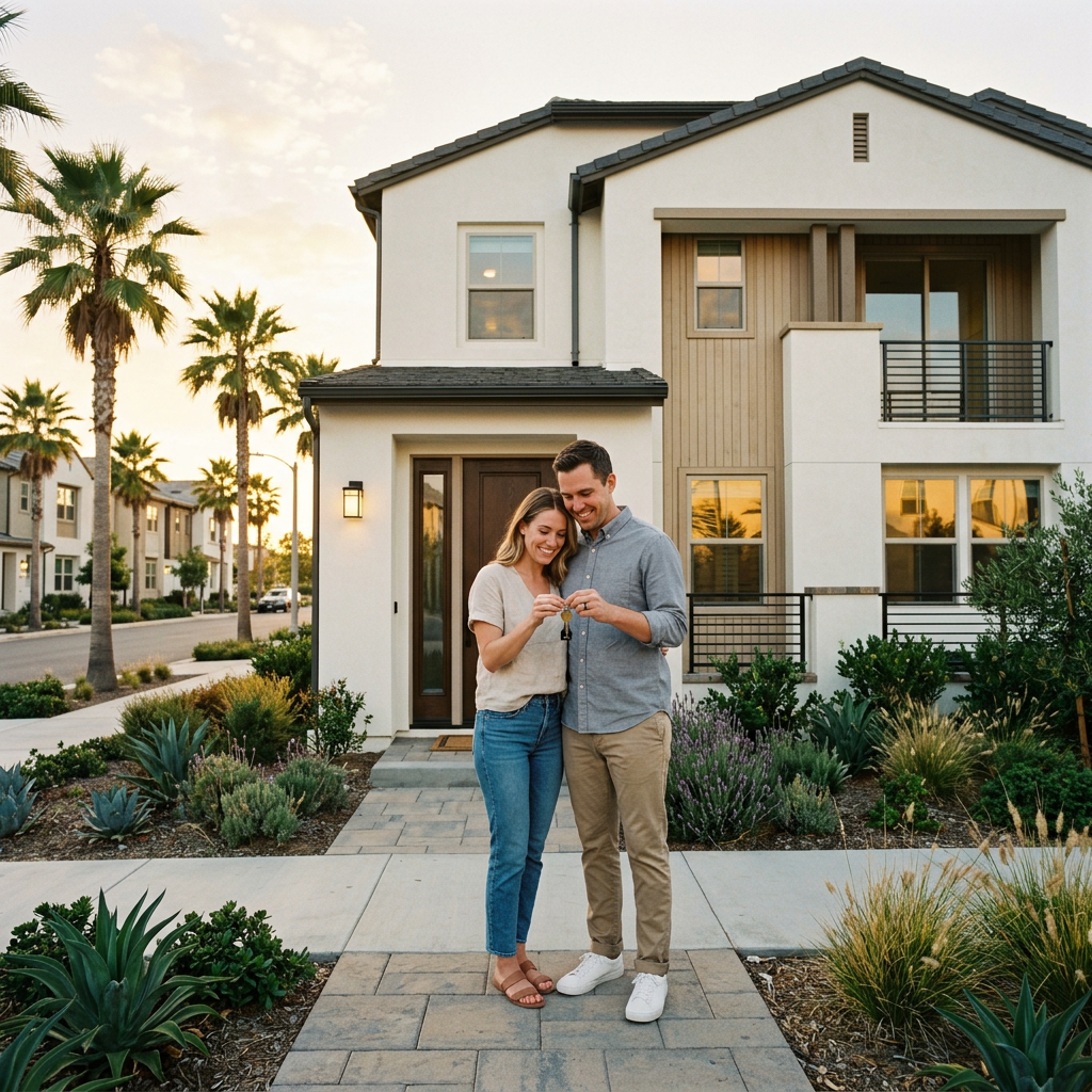 Couple holding house key on new home doorstep at sunset