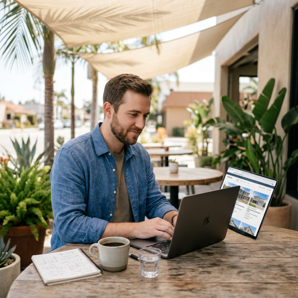 Man researching new construction listings on laptop at outdoor café