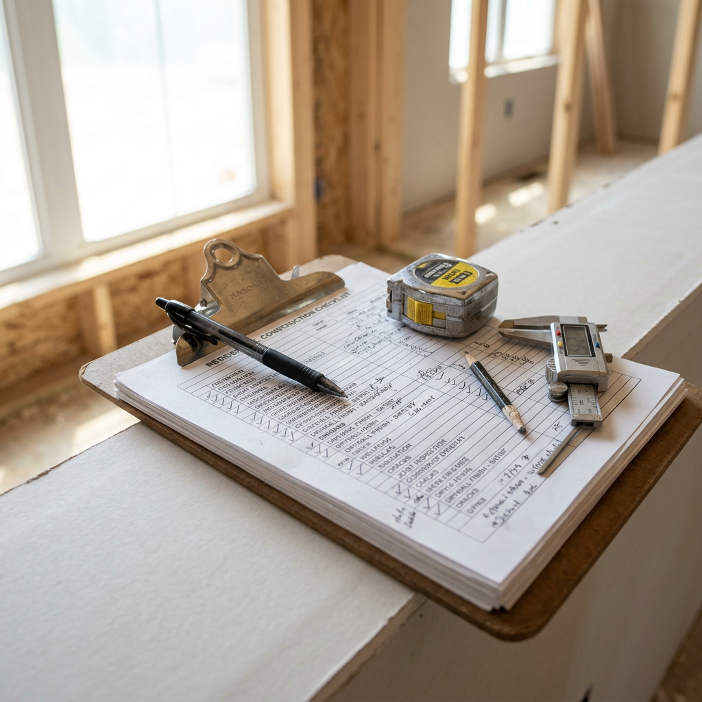 Home inspection clipboard and tools on new construction interior