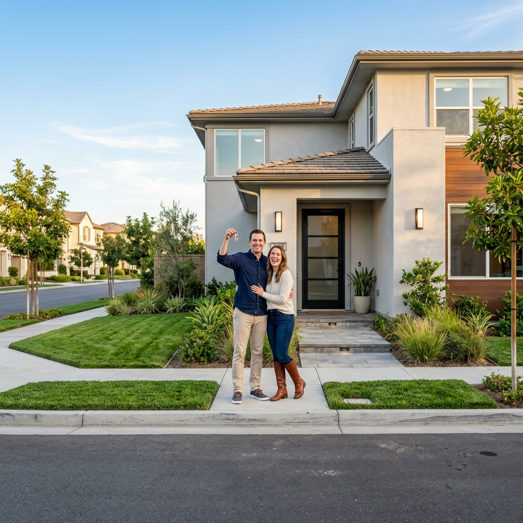 New homeowners holding keys at front entry of new construction