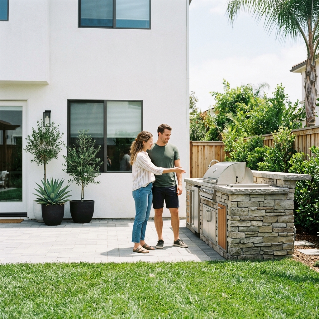Couple exploring outdoor kitchen in new construction backyard