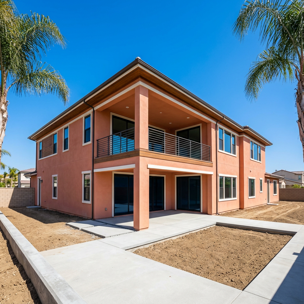 New construction home balcony overlooking pool ready backyard