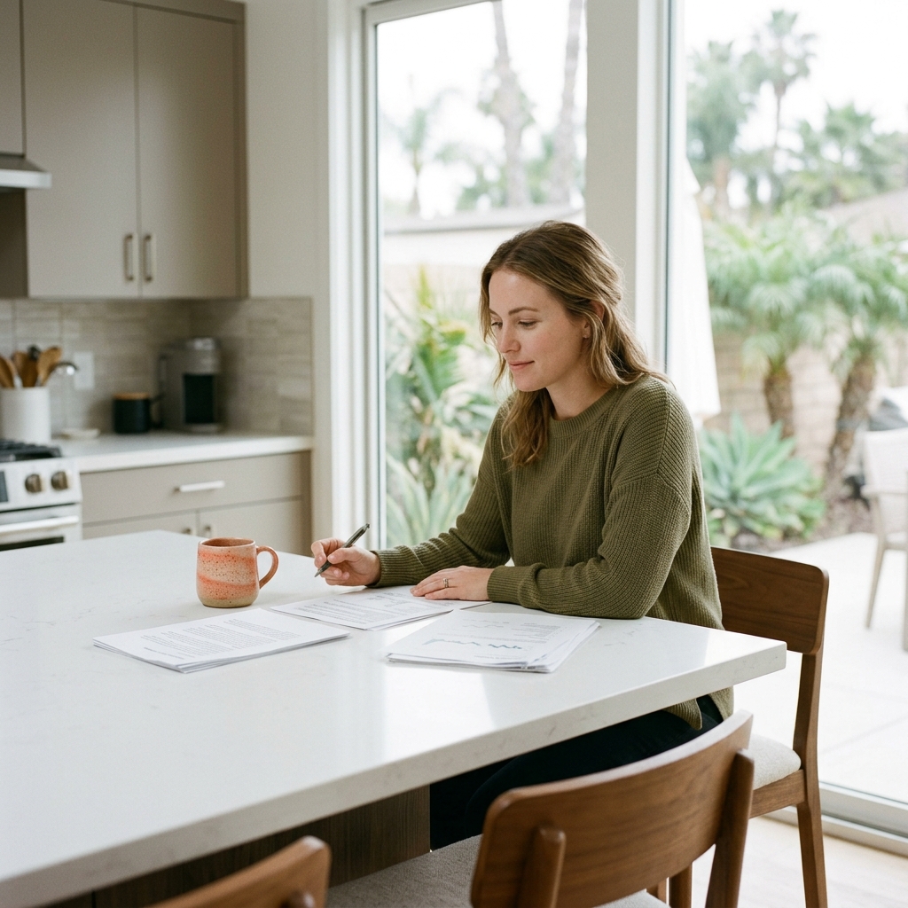 Woman reviewing home purchase documents at modern kitchen island