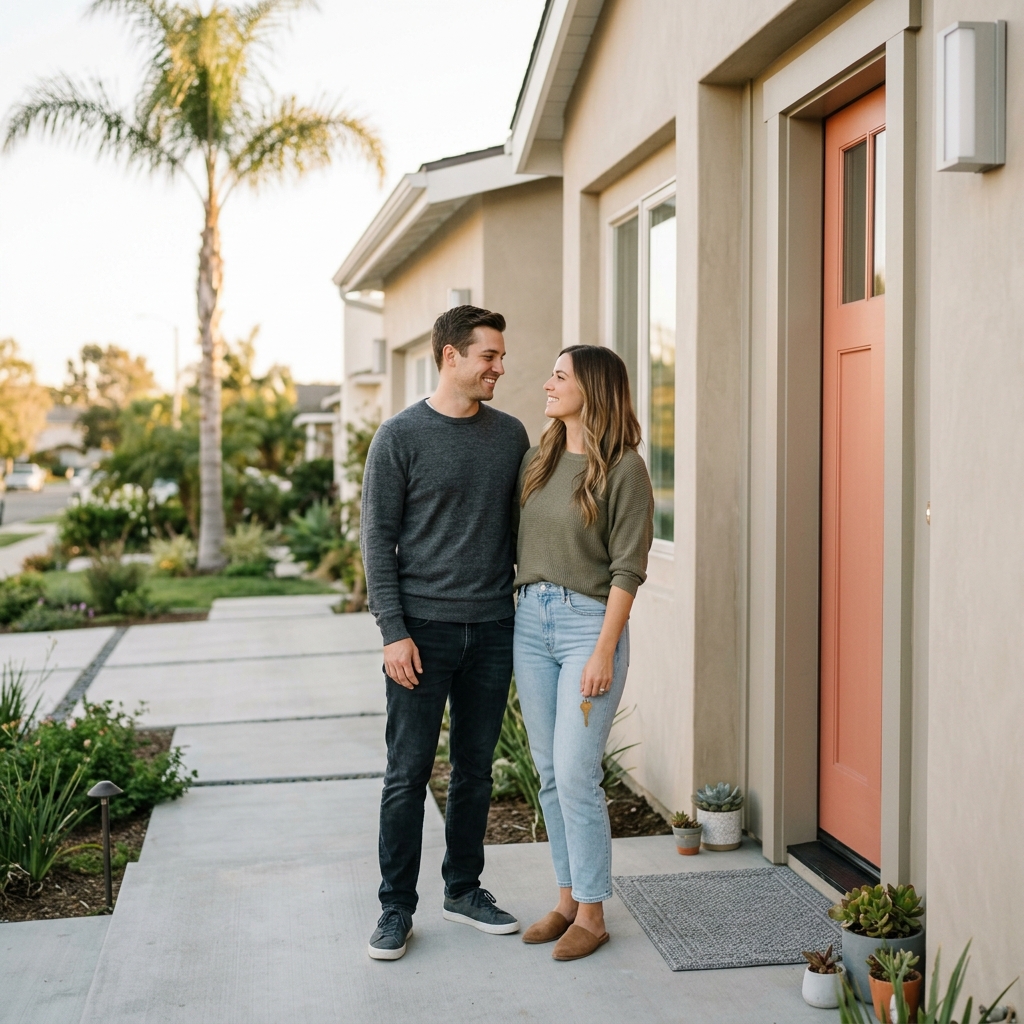 Young couple smiling at doorstep of newly built home